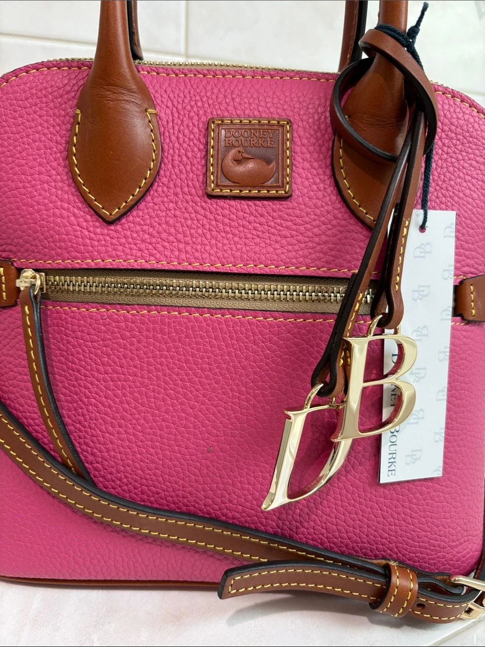 Dooney & Bourke Hot Pink Pebbled Grain Leather Domed Satchel with Brown Trimk